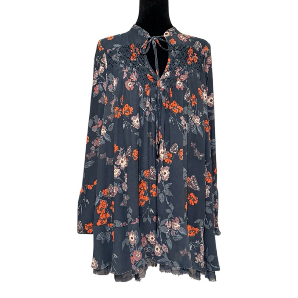 Free People Green Orange Tiered Tunic w Bishop Split Sleeves and Smocking Detail